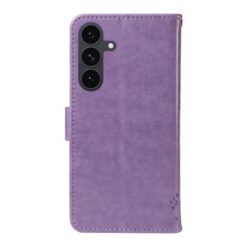 Peňaženkové puzdro Embossing Pattern Strom a mačka fialové – Samsung Galaxy S25 FE | Lacné Kryty Lacné Kryty | Peňaženkové puzdro Embossing Pattern Strom a mačka fialové – Samsung Galaxy S25 FE | Lacné Kryty