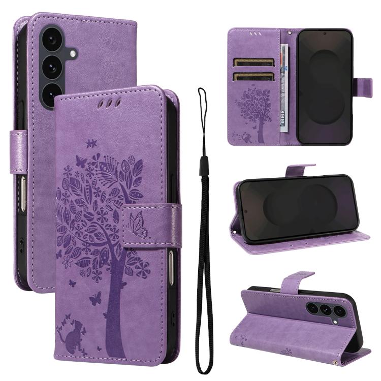 Peňaženkové puzdro Embossing Pattern Strom a mačka fialové – Samsung Galaxy S25 FE | Lacné Kryty Lacné Kryty | Peňaženkové puzdro Embossing Pattern Strom a mačka fialové – Samsung Galaxy S25 FE | Lacné Kryty