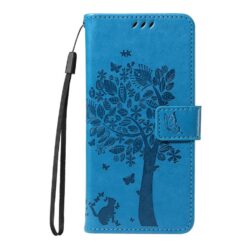 Lacné Kryty | Peňaženkové puzdro Embossing Pattern Strom a mačka modré – Samsung Galaxy S25 FE | Lacné Kryty