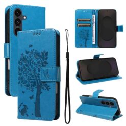 Peňaženkové puzdro Embossing Pattern Strom a mačka modré – Samsung Galaxy S25 FE | Lacné Kryty Lacné Kryty | Peňaženkové puzdro Embossing Pattern Strom a mačka modré – Samsung Galaxy S25 FE | Lacné Kryty
