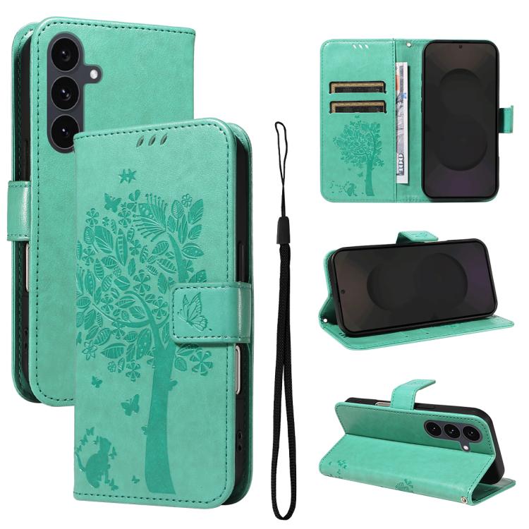 Peňaženkové puzdro Embossing Pattern Strom a mačka zelené – Samsung Galaxy S25 FE | Lacné Kryty Lacné Kryty | Peňaženkové puzdro Embossing Pattern Strom a mačka zelené – Samsung Galaxy S25 FE | Lacné Kryty