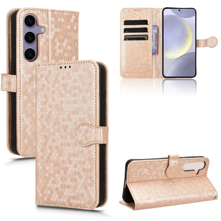 Peňaženkové puzdro Honeycomb Dot Texture Case zlaté – Samsung Galaxy S25 FE | Lacné Kryty Lacné Kryty | Peňaženkové puzdro Honeycomb Dot Texture Case zlaté – Samsung Galaxy S25 FE | Lacné Kryty