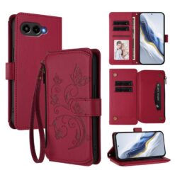Lacné Kryty | Peňaženkové puzdro Embossing Pattern Motýle bordové – T Phone 3 | Lacné Kryty