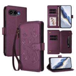 Lacné Kryty | Peňaženkové puzdro Embossing Pattern Motýle fialové – T Phone 3 | Lacné Kryty