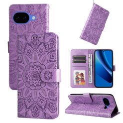 Lacné Kryty | Peňaženkové puzdro Embossing Pattern Slnečnica fialové – Google Pixel 10a | Lacné Kryty
