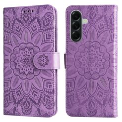 Lacné Kryty | Peňaženkové puzdro Embossing Pattern Slnečnica fialové – Samsung Galaxy A57 | Lacné Kryty