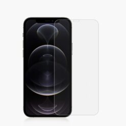 Front view of a smartphone with a transparent screen protector aligned to the screen edges, showing its curved cutouts at the top and sides.