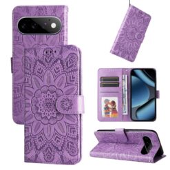 Lacné Kryty | Peňaženkové puzdro Embossing Pattern Slnečnica fialové – Google Pixel 11 / Pixel 11 Pro | Lacné Kryty