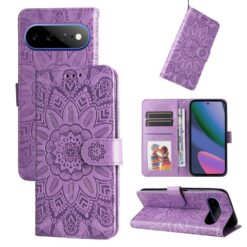 Lacné Kryty | Peňaženkové puzdro Embossing Pattern Slnečnica fialové – Google Pixel 11 Pro XL | Lacné Kryty