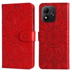 Lacné Kryty | Peňaženkové puzdro Embossing Pattern Slnečnica červené – Xiaomi Redmi Note 17 / Redmi Note 17 5G | Lacné Kryty
