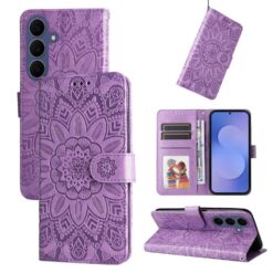 Peňaženkové puzdro Embossing Pattern Slnečnica fialové – Samsung Galaxy S26 FE | Lacné Kryty Lacné Kryty | Peňaženkové puzdro Embossing Pattern Slnečnica fialové – Samsung Galaxy S26 FE | Lacné Kryty