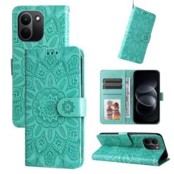Lacné Kryty | Peňaženkové puzdro Embossing Pattern Slnečnica zelené – Xiaomi Redmi Note 17 Pro Max | Lacné Kryty