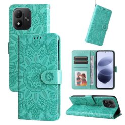 Lacné Kryty | Peňaženkové puzdro Embossing Pattern Slnečnica zelené – Xiaomi Redmi Note 17 / Redmi Note 17 5G | Lacné Kryty